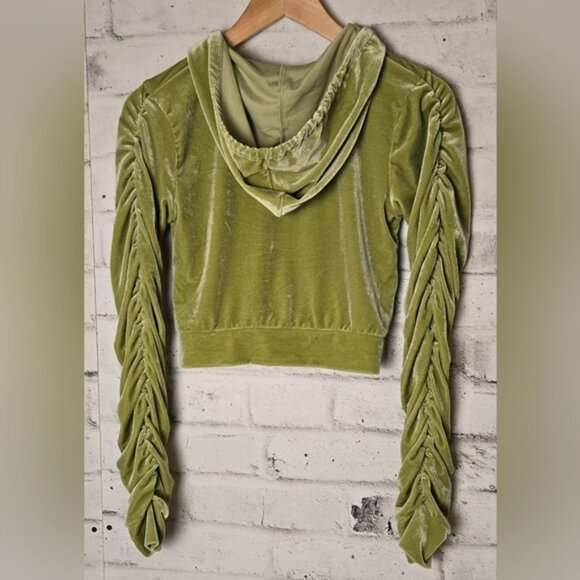Fashion Nova Olive Green Cropped Ruched Velvet Zip-Up Hoodie - Picture 3 of 9